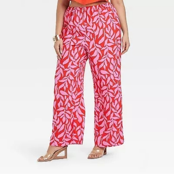 Women's Mid-Rise Pull-On Pants - A New Day Pink/Red Leaf Print - Picture 2 of 4